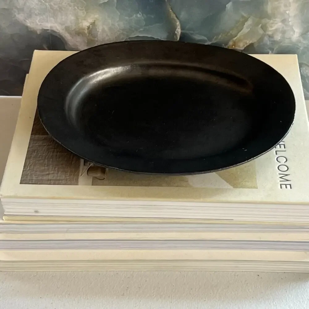 Black Clay Trinket Dish Tray Plate With Raised Edges 8.5 in Unique Marked